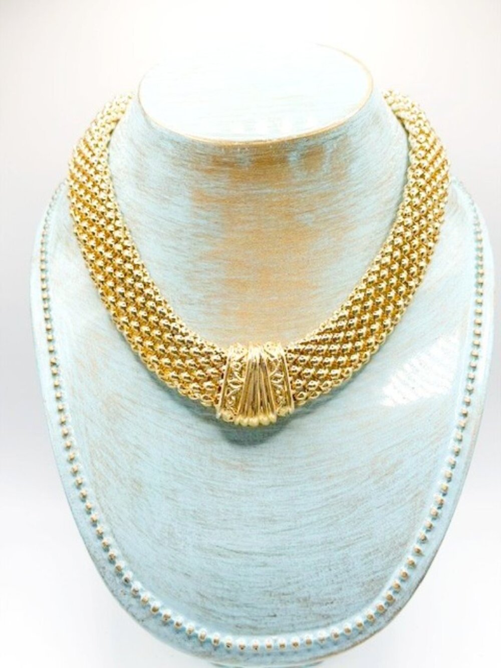 1980s Gold Tone Woven Link Collar Choker Necklace Magnetic Front Closure
